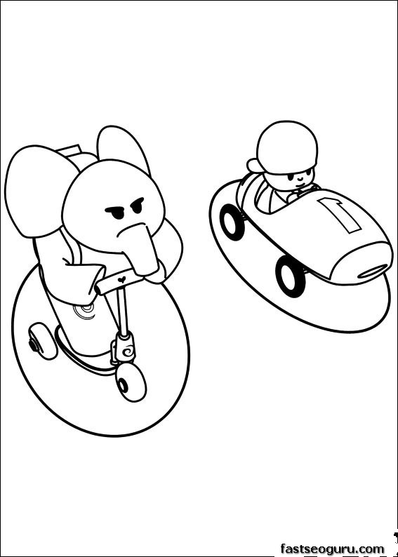 Printable coloring pages Pocoyo and Elly have race
